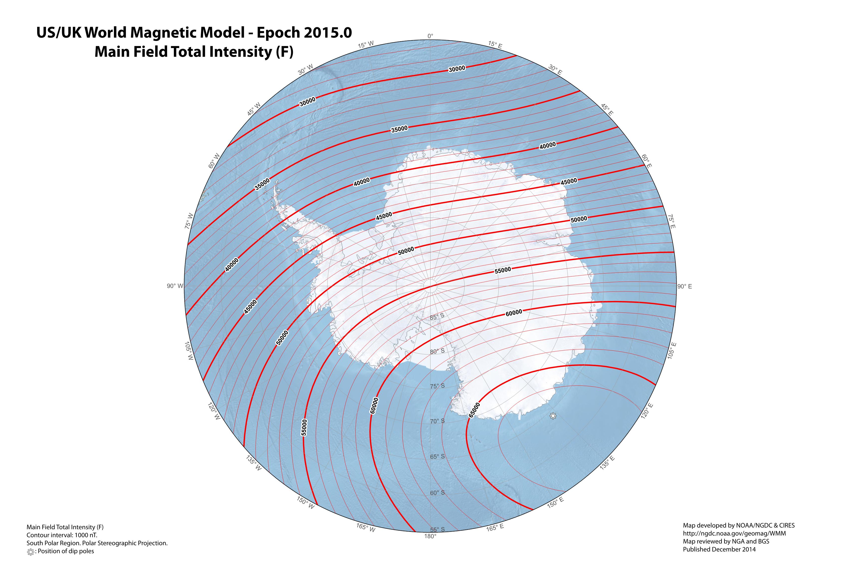 Field Intensity, South (north magnetic pole)